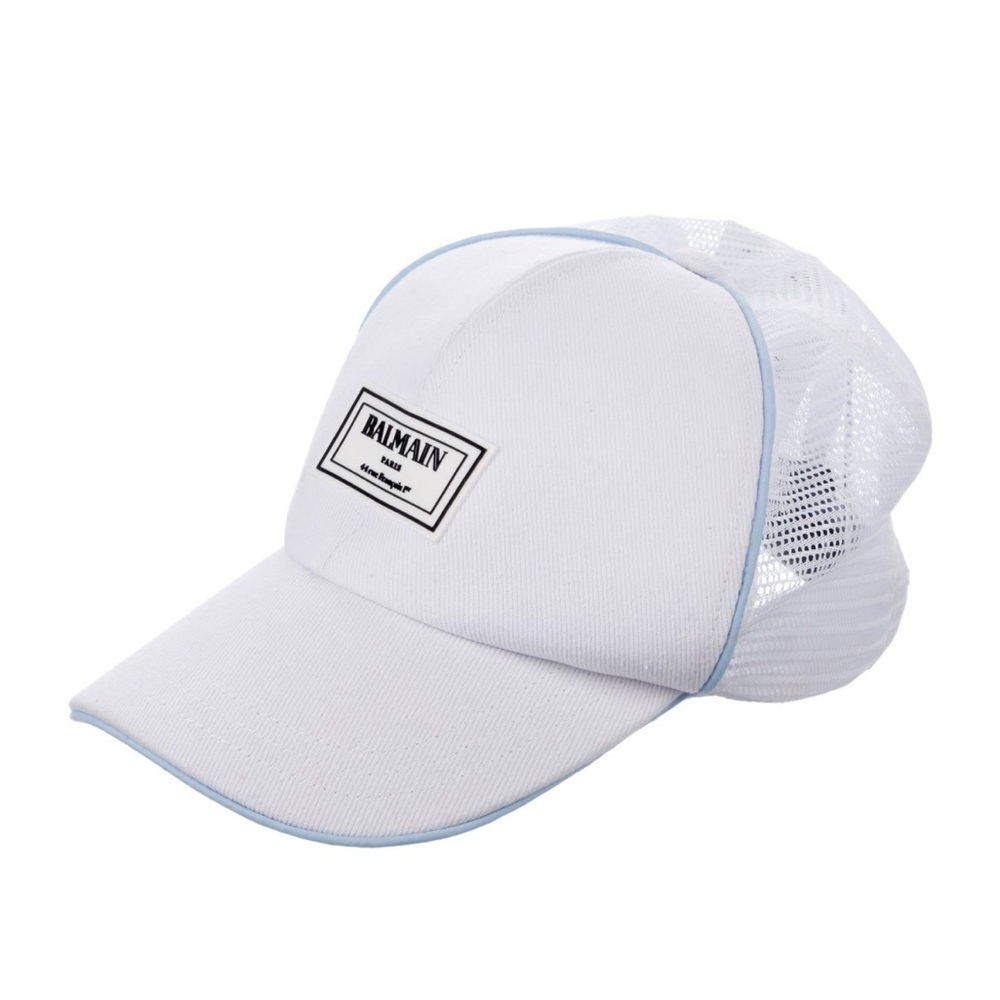 NWT Balmain Logo Label Cap, Pure White, Blue trim